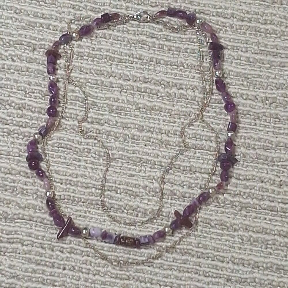 Vintage Purple Amethyst Gemstone Bead Multi Strand Layered Statement Necklace